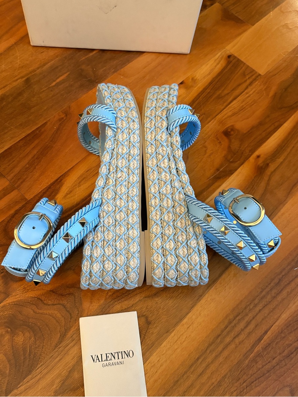 Valentino Garavani Rockstud Torchon Braided Espadrille Sandals, Powder Blue, NEW - Picture 9 of 15